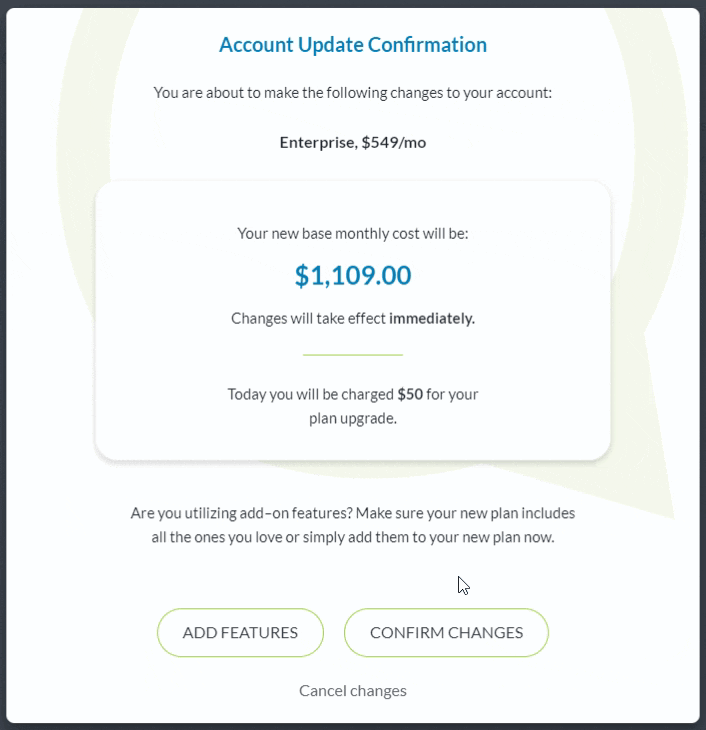 Update Changes Confimation Plans and Add-ons